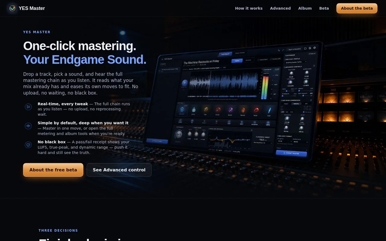 Open YES Master: one-click mastering software with a live metering interface